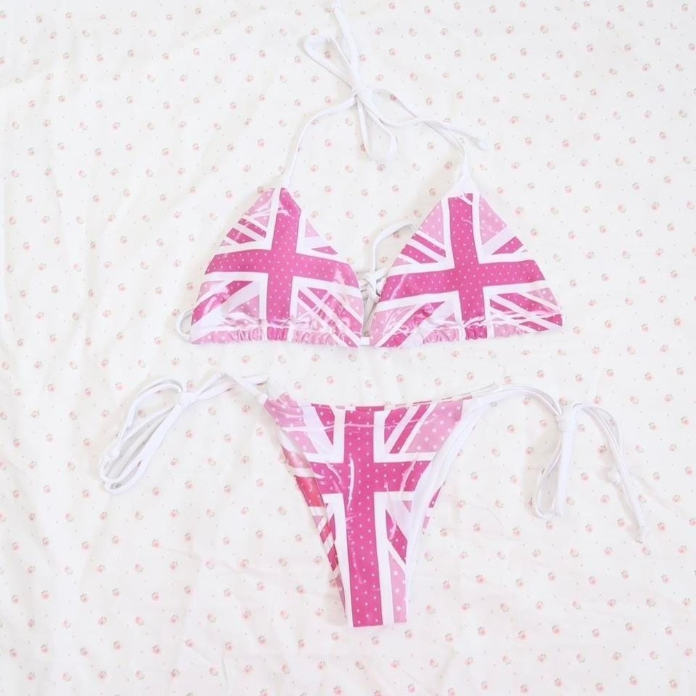 Pink Union Jack Bikini Set British Core Y2K Swimwear